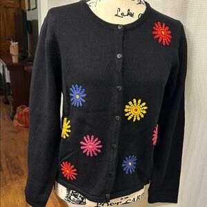 Marisa Christina Black Cardigan with Colorful Embroidery size Small, NWT